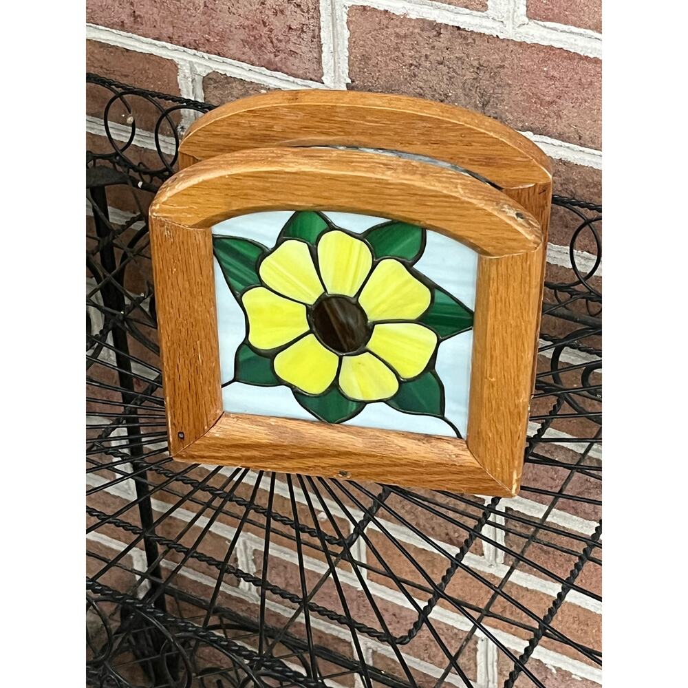 Stained Glass & Wood Napkin Holder Vintage